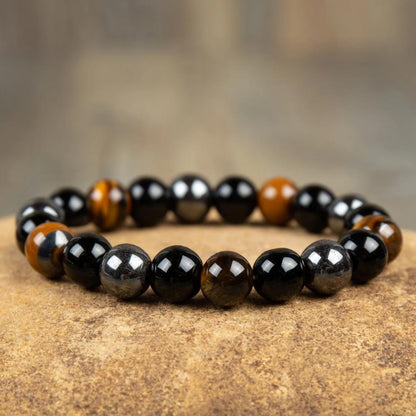 10mm Round Beads Triple Protection Tiger Eye Obsidian Hematite Stretch Bracelet