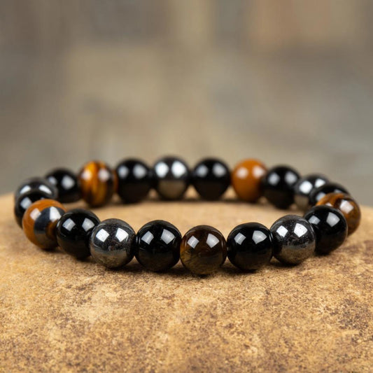 10mm Round Beads Triple Protection Tiger Eye Obsidian Hematite Stretch Bracelet