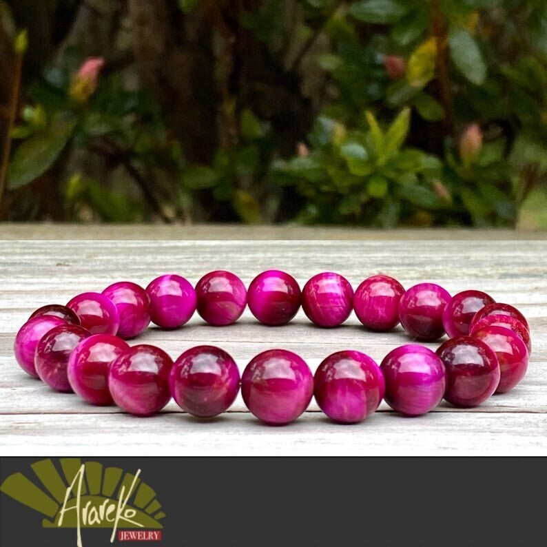 Pink Tiger Eye 8mm Round Beaded Healing Balance Luck Gemstone Stretch Bracelet