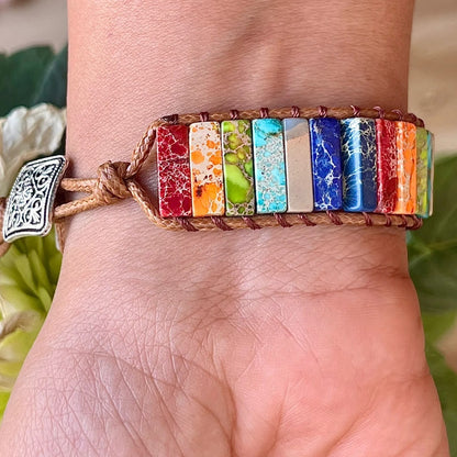 Imperial Jasper 7 Chakra Gemstone Boho Leather Handmade Healing Women Bracelet