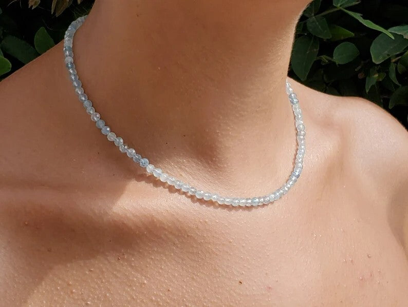 Blue Aquamarine Tiny 2mm Beaded Choker Healing Delicate Women Crystal Necklace