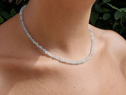 Blue Aquamarine Tiny 2mm Beaded Choker Healing Delicate Women Crystal Necklace
