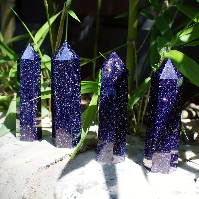 Blue Goldstone Healing Crystal Wand Tower Point Home Office Decor Ornament Gifts