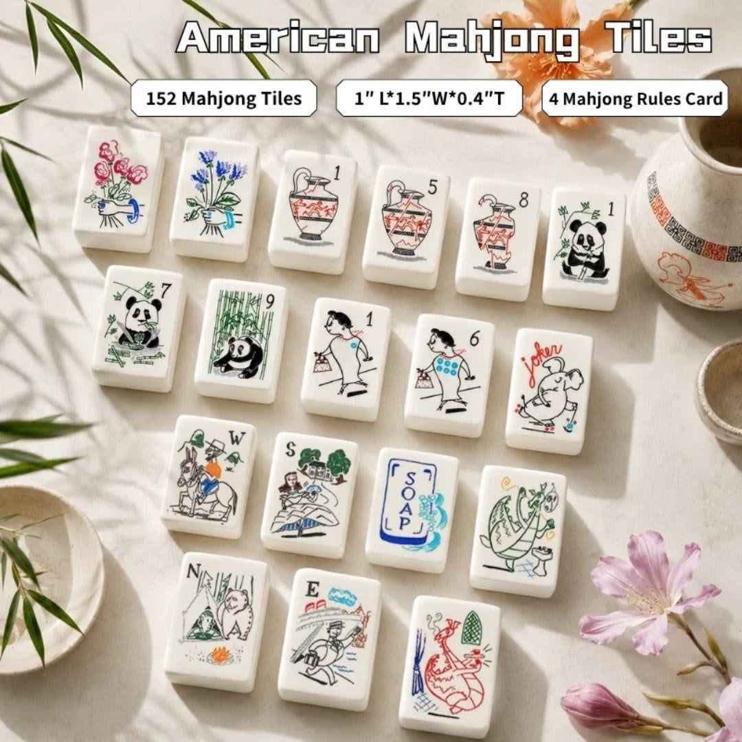Panda & Bamboo American Mahjong Set 152 Single-Layer White Acrylic Tiles