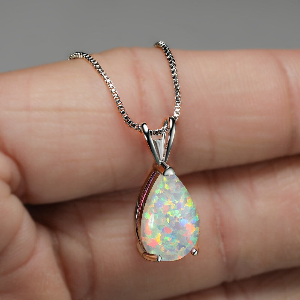 White Fire Opal Crystal Teardrop Pendant Healing Lucky Women Necklace Gifts