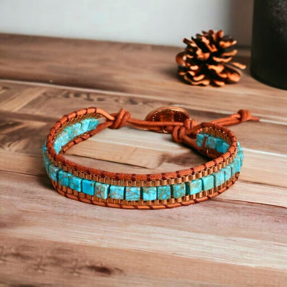 Blue Turquoise Leather Hand Braided Healing Calming Boho Stylish Women Bracelet