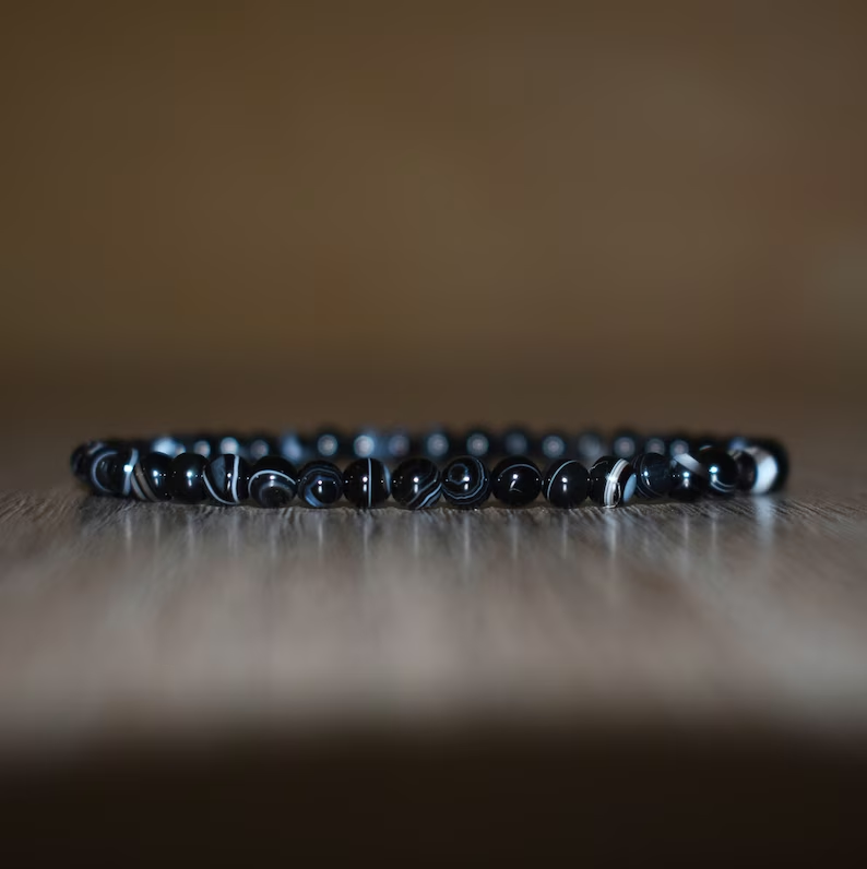 Striped Black Onyx Sardonyx 4mm Small Beads Healing Reiki Chakra Unisex Bracelet