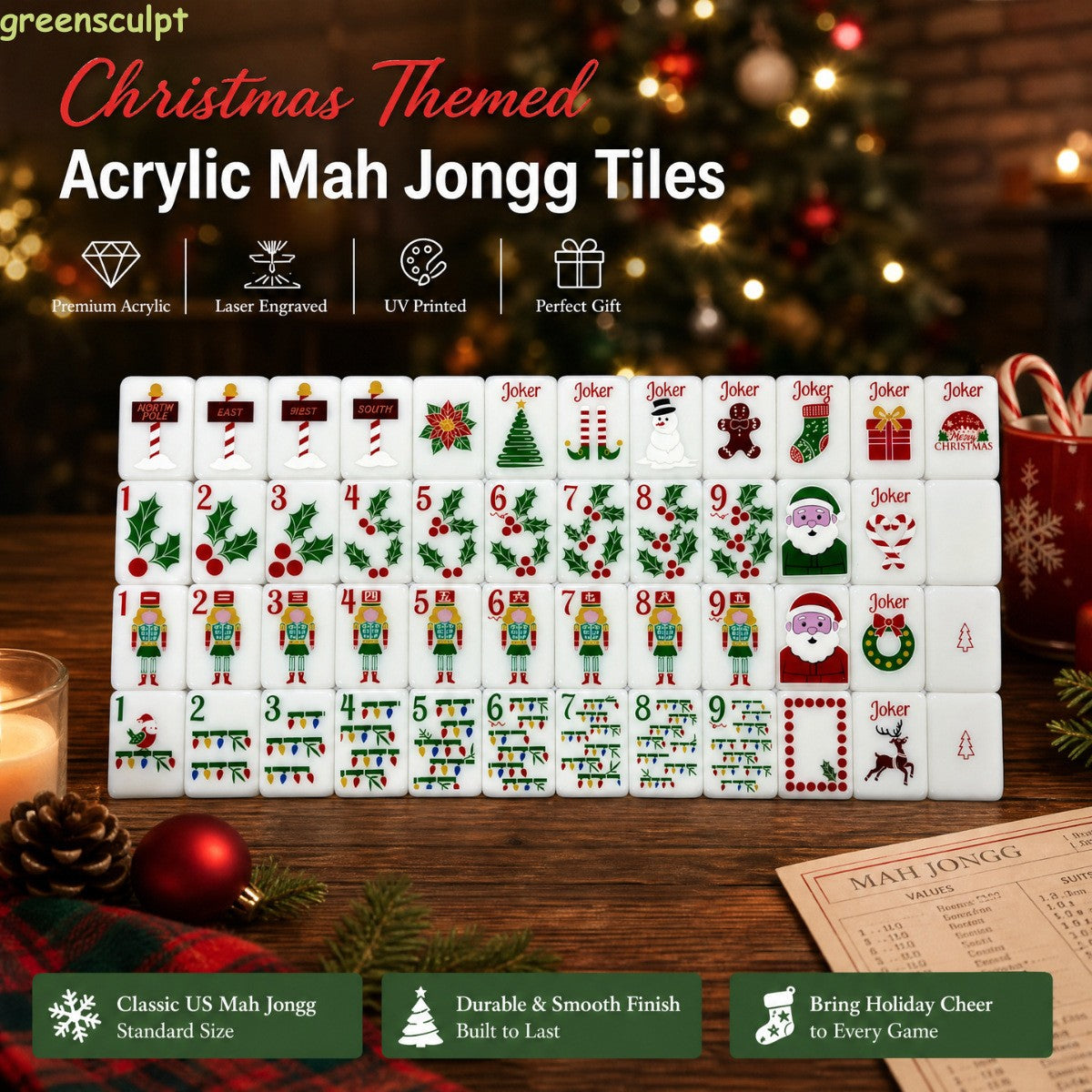 Christmas Themed Acrylic American Mahjong Set, 160 Tiles + Free storage Bag