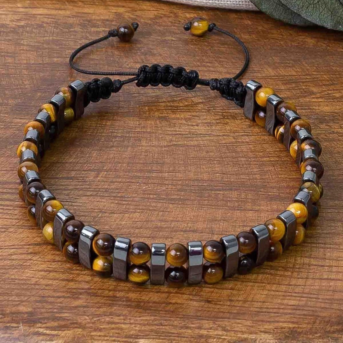 Tiger Eye and Hematite Beaded Healing Protection Adjustable Women men Bracelet