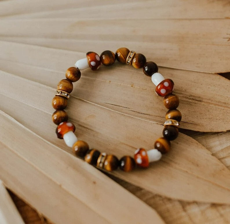 Mushroom Crystal Bracelet Tigers Eye Beaded Healing Anxiety Relief Bracelet Gift