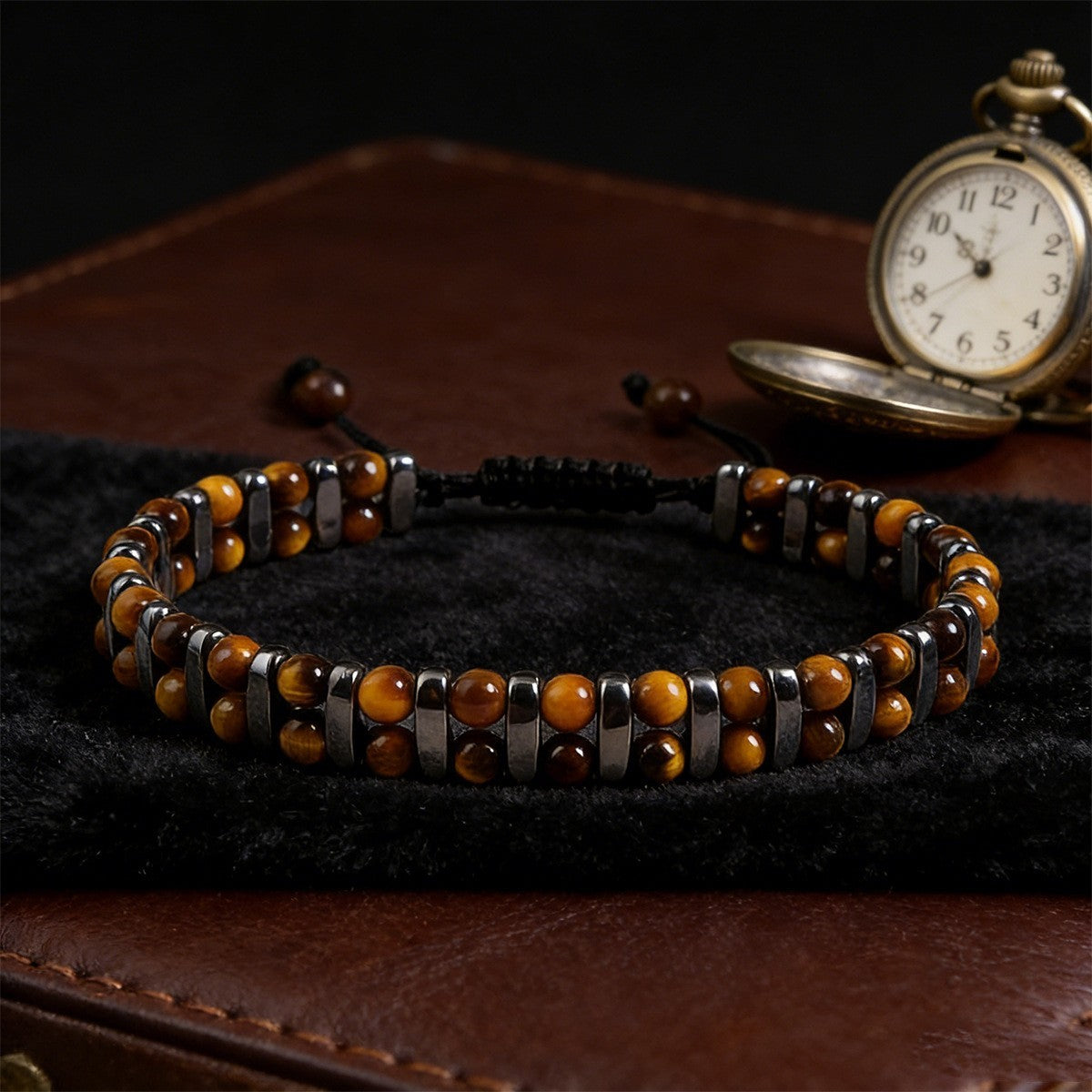 Tiger Eye and Hematite Beaded Healing Protection Adjustable Women men Bracelet