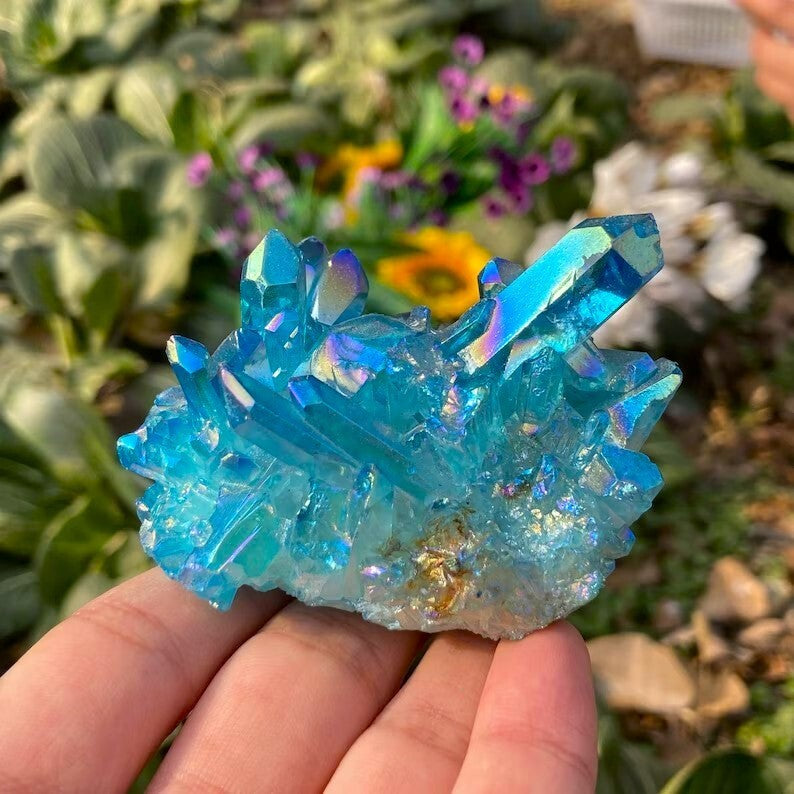 80-100g Titanium Aura Blue Crystal Rainbow Healing Cluster Geode Rock Decor Gift