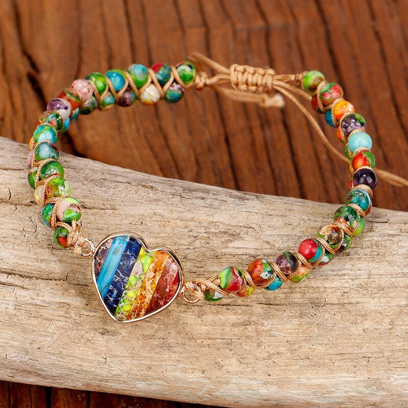 7 Chakra Handmade Braided Heart Charm Sea Sediment Healing Reiki Bracelet Gifts