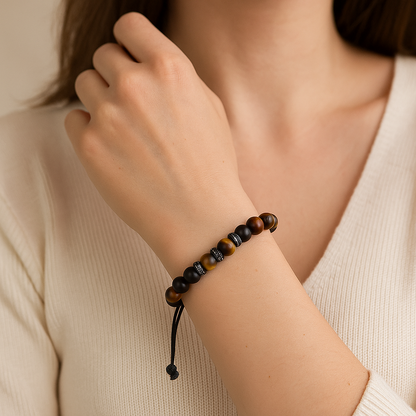Tiger's Eye Black Onyx Beaded Healing Protection Men's Women Adjustable Bracelet