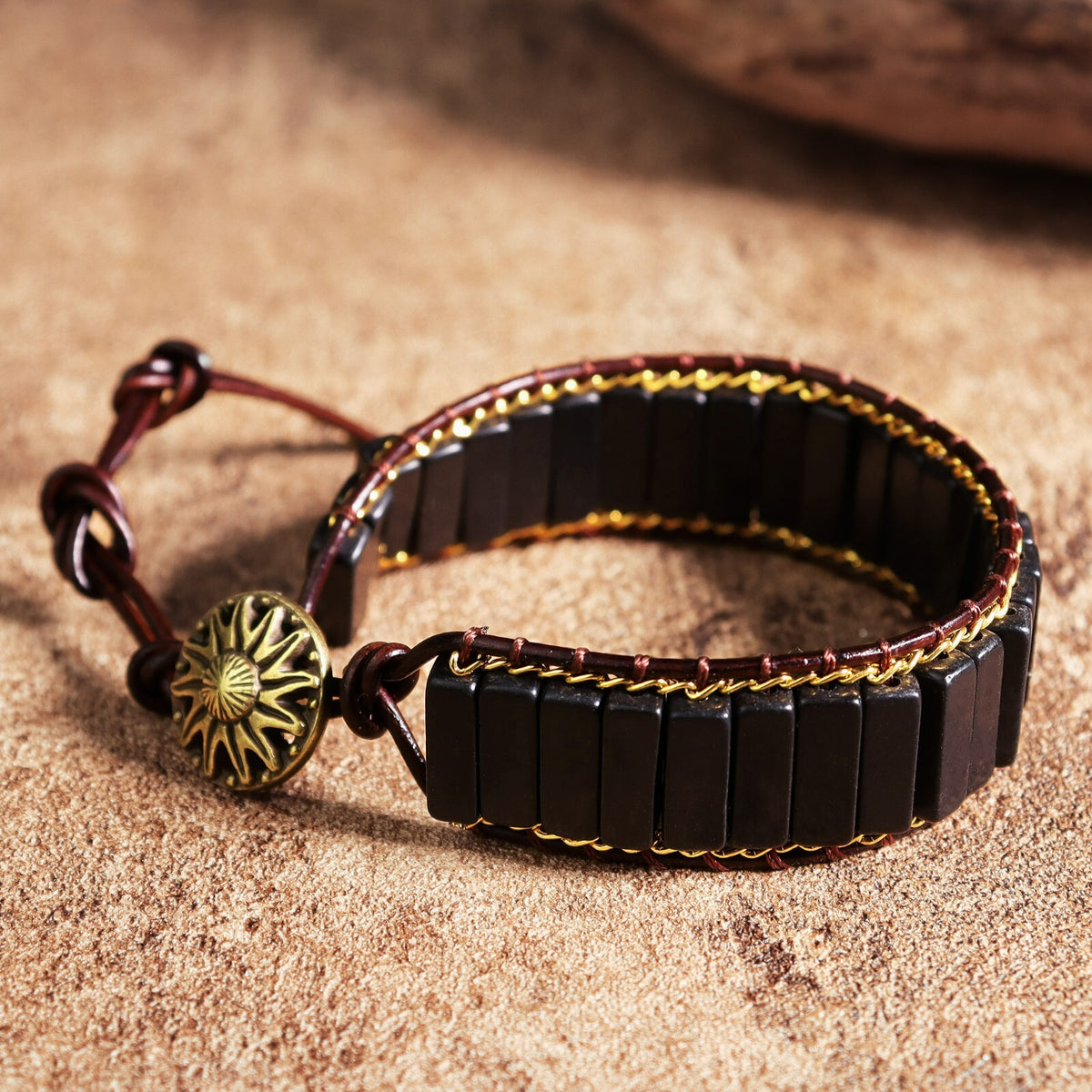 Natural Black Tourmaline Vintage Handmade Leather Healing Women's Men's Bracelet