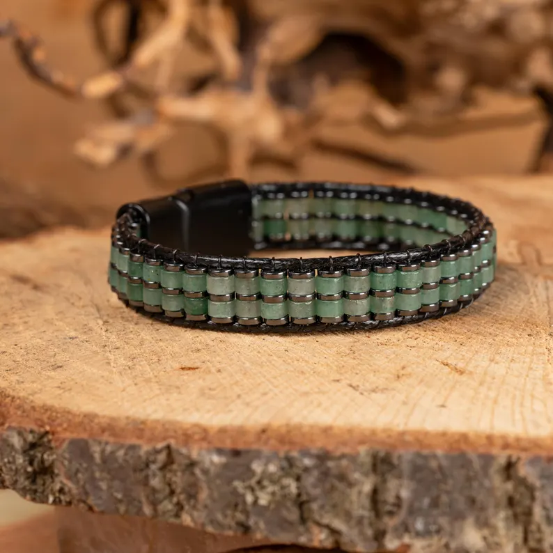 Aventurine Crystal Leather Men's Bracelet Bangle Magnetic Clasp Bracelet