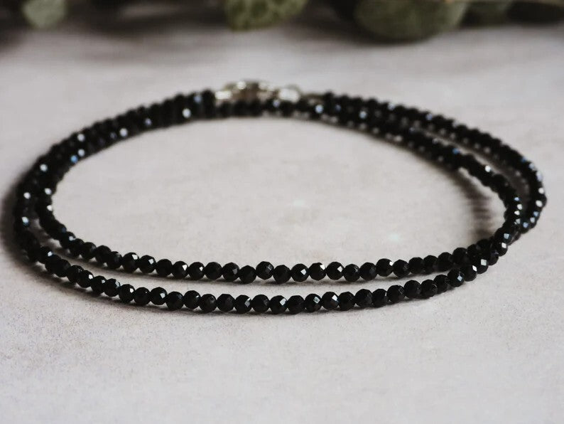 Black Tourmaline 2mm Beaded Choker Healing Minimalist Women Crystal Necklace