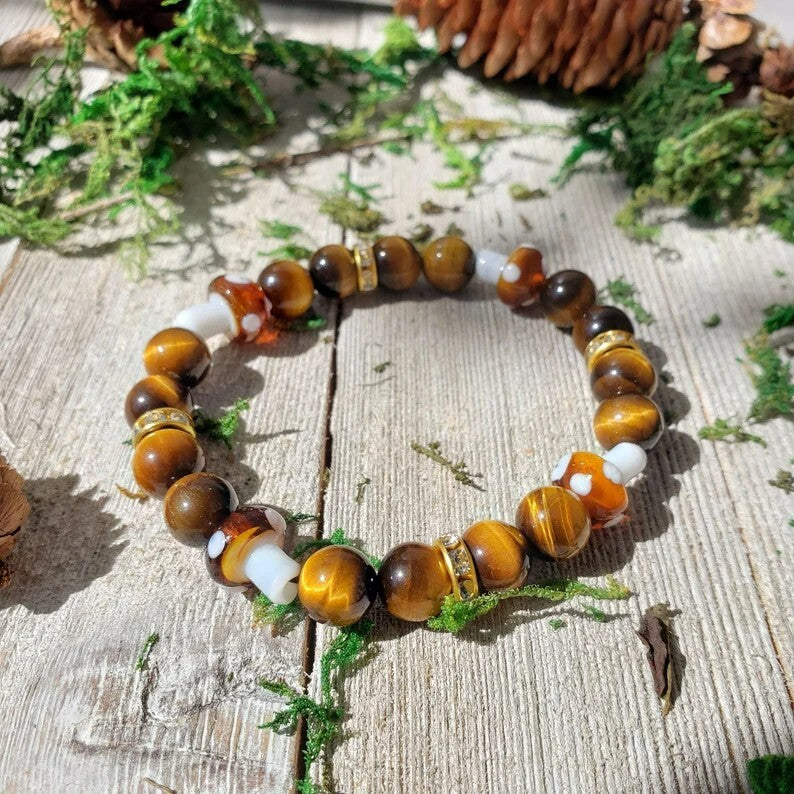 Mushroom Crystal Bracelet Tigers Eye Beaded Healing Anxiety Relief Bracelet Gift