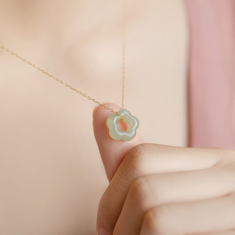 Hetian Green Jade Flower Pendant Healing Dainty Delicate Women Necklace Gifts