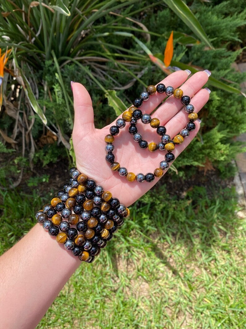 Triple Protection Tiger Eye Obsidian Hematite 8mm Beads Women Bracelet Xmas Gift