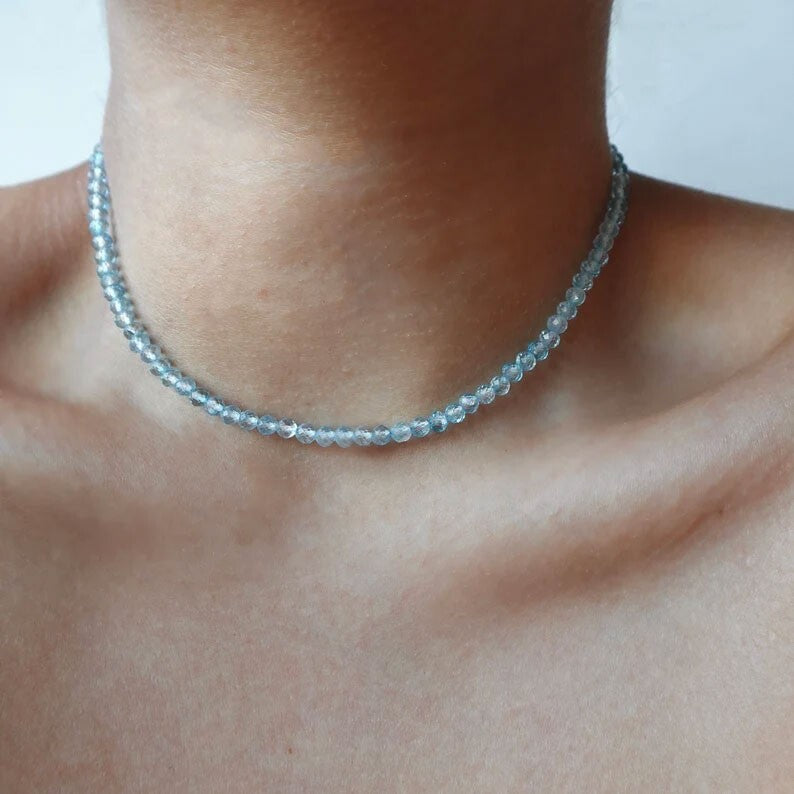 Blue Topaz Tiny 2mm Beaded Choker Healing Delicate Boho Women Crystal Necklace