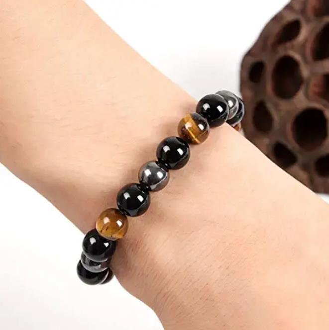 10mm Round Beads Triple Protection Tiger Eye Obsidian Hematite Stretch Bracelet