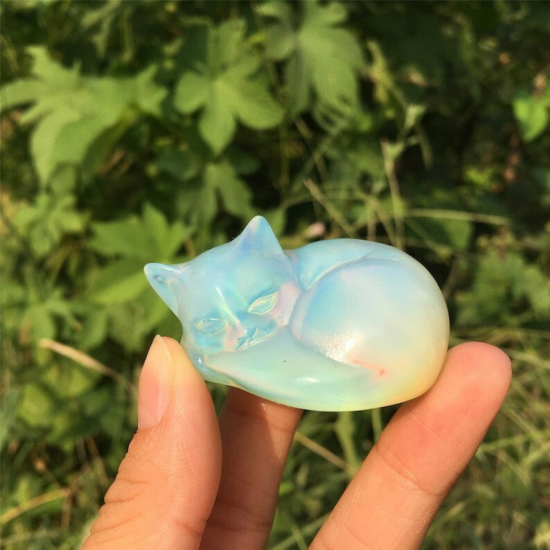 2 Pcs/set Opal & Obsidian Sleeping Cat, Hand Carved, Home Decor, Healing Crystal