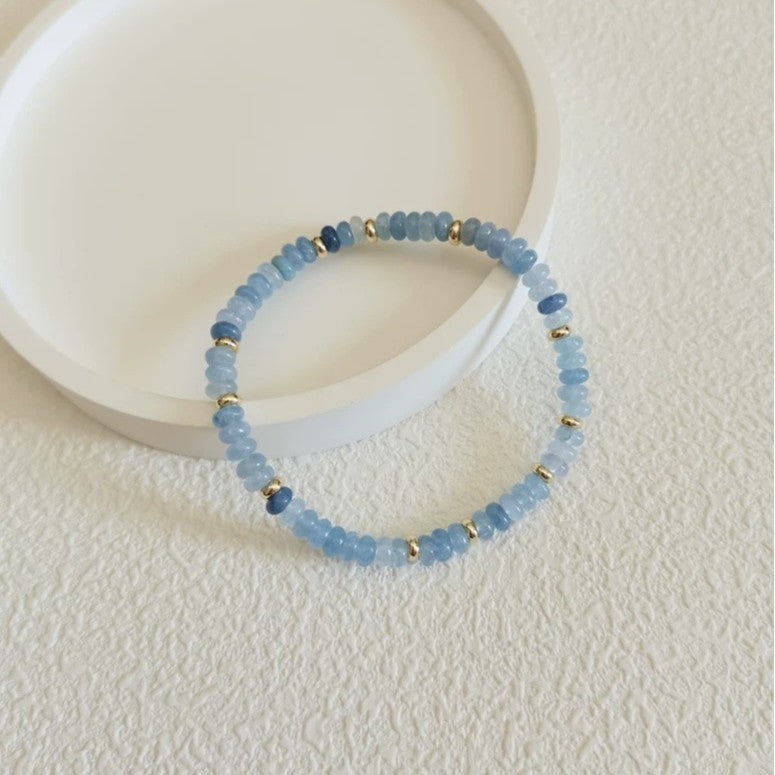Premium Blue Aquamarine Rondelle Beaded Healing Calming Stretch Bracelet Gifts