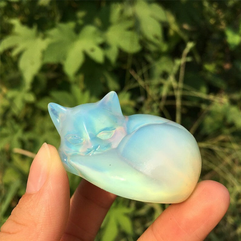 2 Pcs/set Opal & Obsidian Sleeping Cat, Hand Carved, Home Decor, Healing Crystal