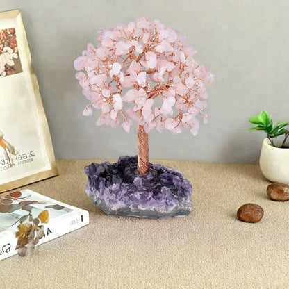 Rose Quartz Tree Of Life with Amethyst Base Large Crystal Tree Home Decor Gift