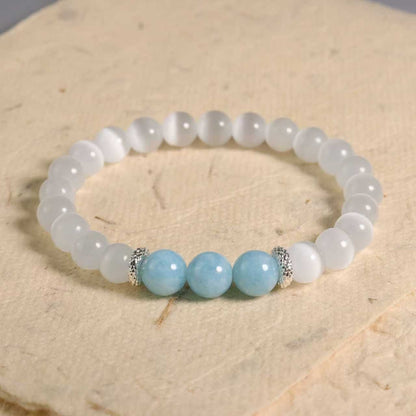 Aquamarine Selenite 8mm Beaded Healing Women Spiritual Bracelet Crystal Gifts