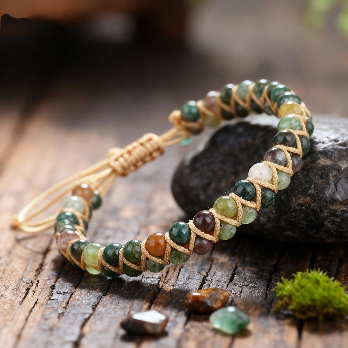 Hand Braided Indian Agate 4mm Beads Gemstone Healing Women Bracelet Xmas Gift
