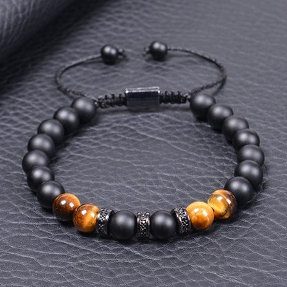 8mm Black Onyx & Tiger Eye Beaded Healing Protection Strength Men's Bracelet