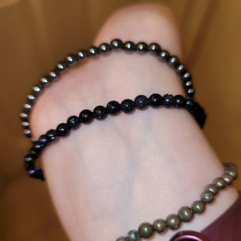 Women Blue Friendship Bracelet Goldstone 4mm Round Bead Healing Women Bracelet