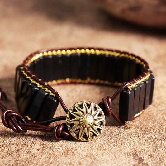 Natural Black Tourmaline Vintage Handmade Leather Healing Women's Men's Bracelet