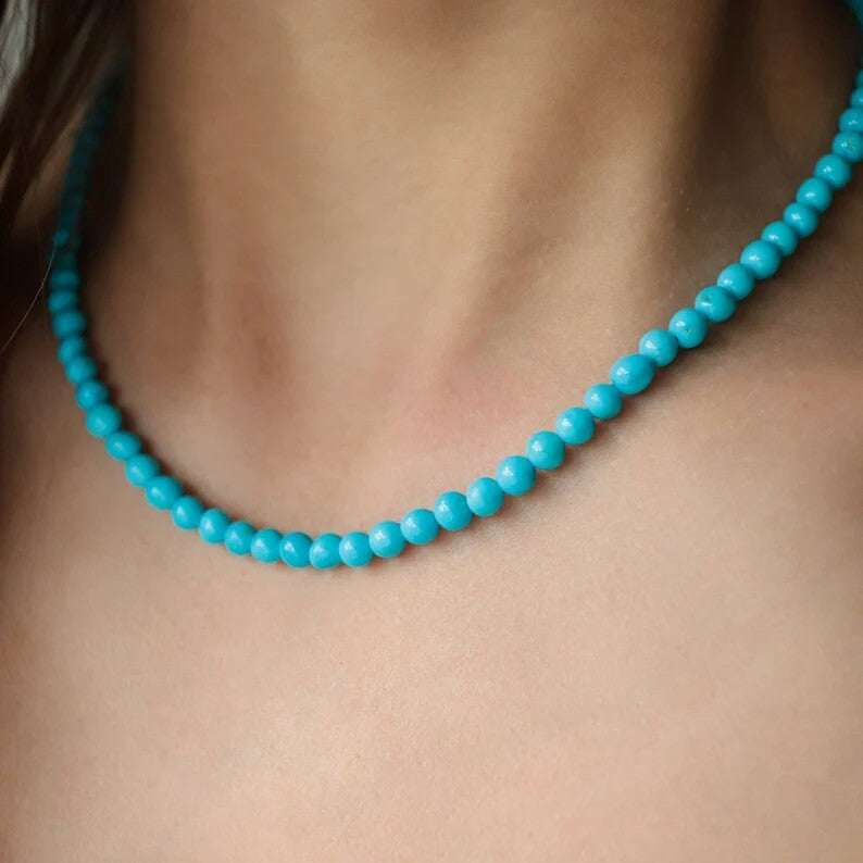 Gemstone Beaded Choker Natural Blue Turquoise 3mm Beads Healing Women Necklace