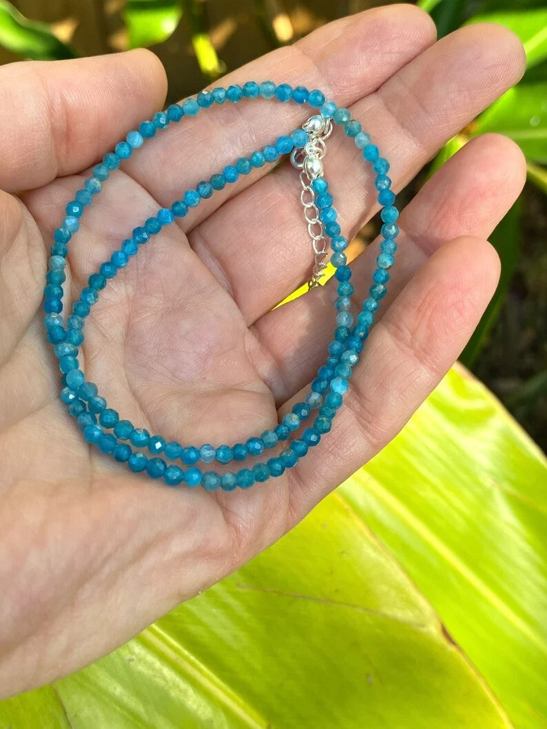 Tiny Gemstone Beaded Choker Apatite Beads Healing Reiki Women Crystal Necklace