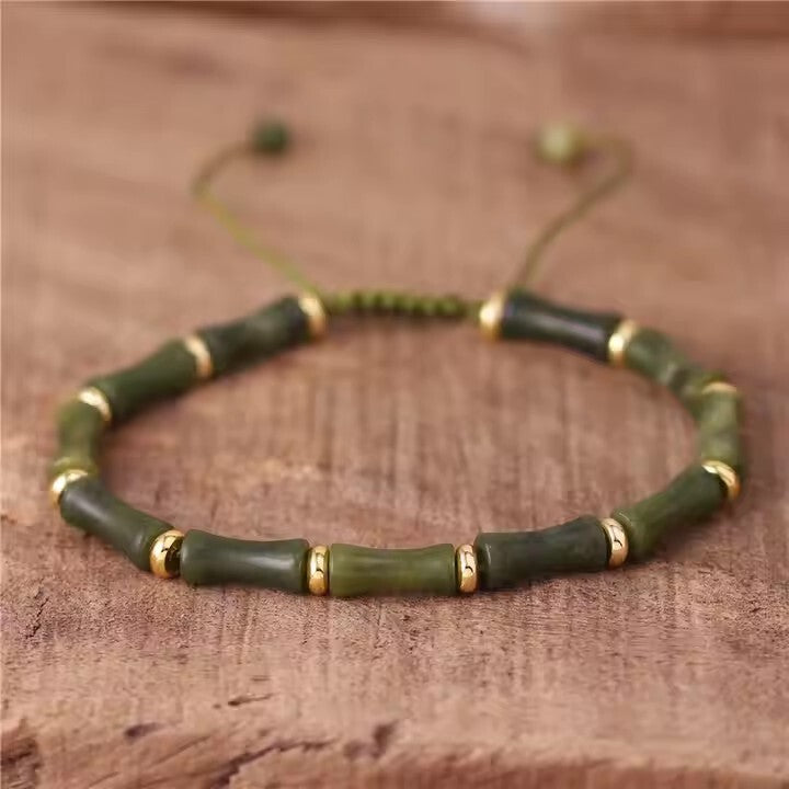 Genuine Green Jade Bamboo Shaped Beads Healing Gemstone Bracelet Wealth Attracts