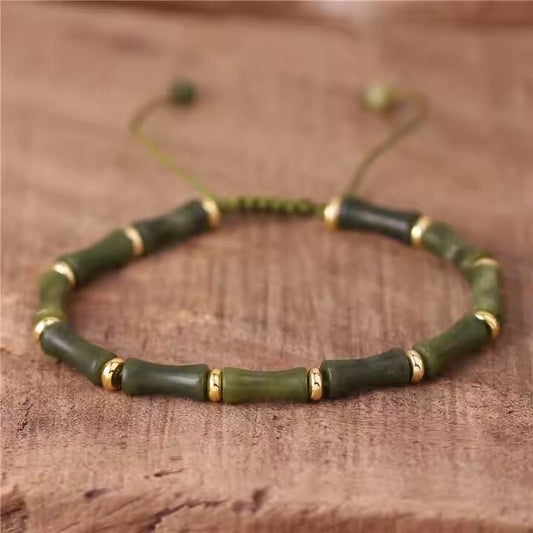 Genuine Green Jade Bamboo Shaped Beads Healing Gemstone Bracelet Wealth Attracts