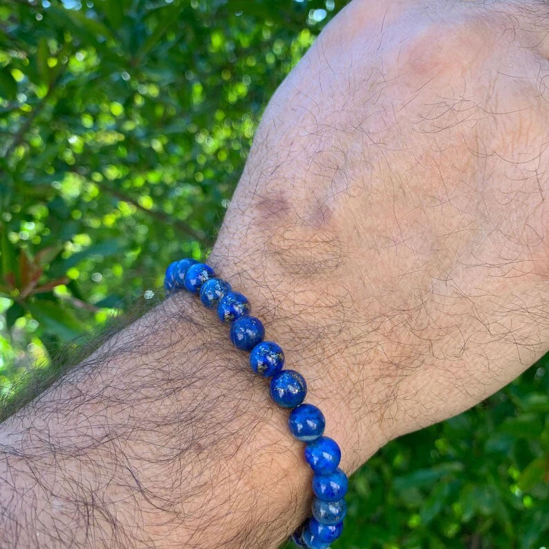 Men's Bracelet Natural Lapis Lazuli 8mm Round Beads Healing Stretch 8IN Bracelet