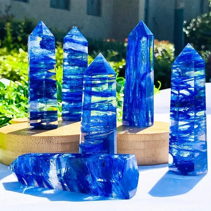 Blue Smelt Quartz Healing Crystal Tower Point Wand Witchy Obelisk Decor Gifts