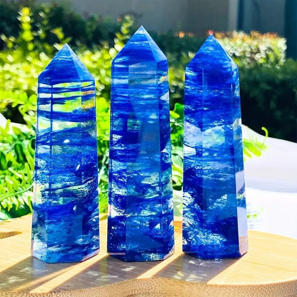 Blue Smelt Quartz Healing Crystal Tower Point Wand Witchy Obelisk Decor Gifts