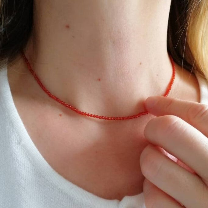 Premium Carnelian Necklace 2mm Bead Minimalist Summer Boho Choker for Women Gift