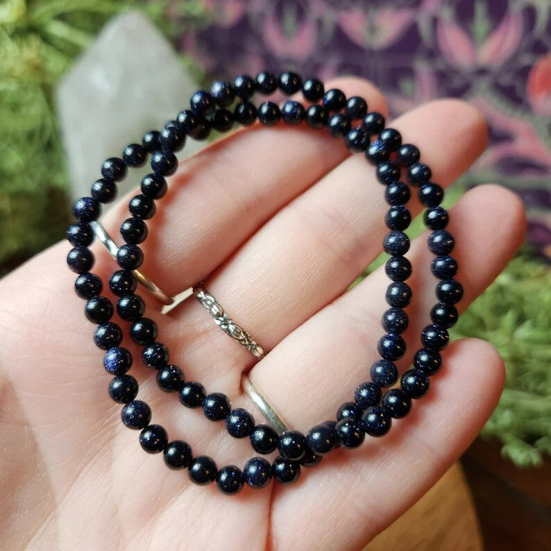 Women Blue Friendship Bracelet Goldstone 4mm Round Bead Healing Women Bracelet