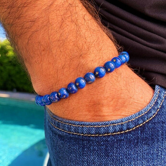 Men's Bracelet Natural Lapis Lazuli 8mm Round Beads Healing Stretch 8IN Bracelet