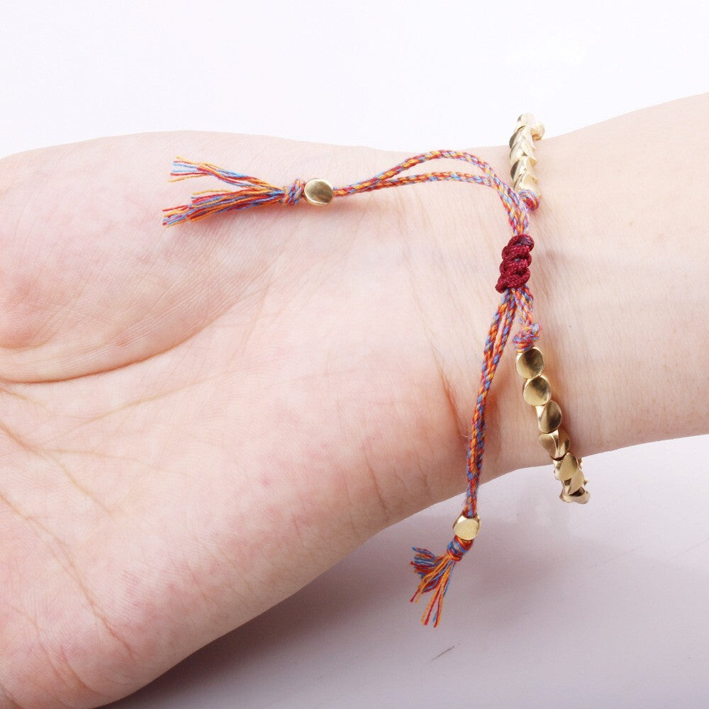 Handmade Tibetan Buddhist Braided Cotton Copper Beads Lucky Rope Bracelet Unisex