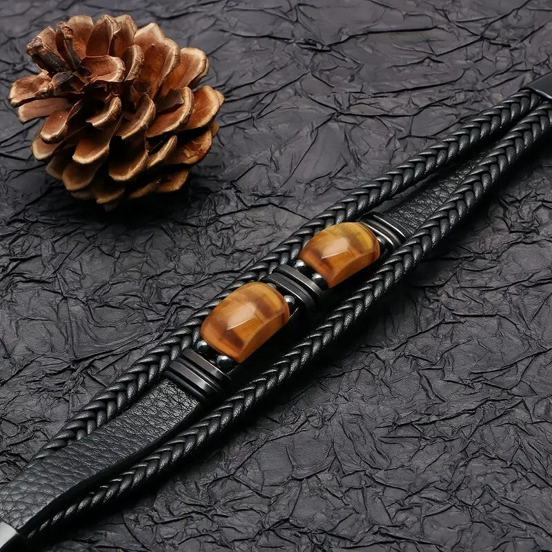 Tiger's Eye Beaded 3 Strand Handmade Fashion Healing Strength Men Bracelet Gifts